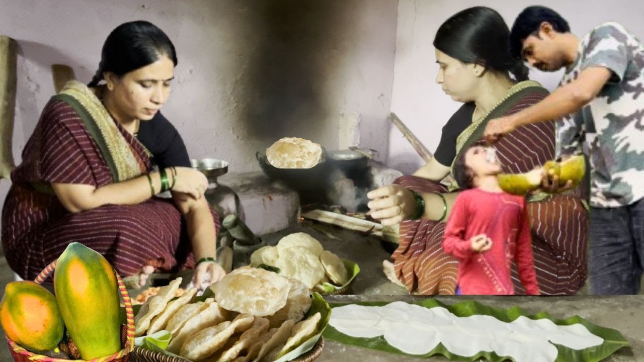 Village Papaya Mungdal gravy with Poori Recipe|Puri with Papaya Gravy Recipe|Family Traditional Life