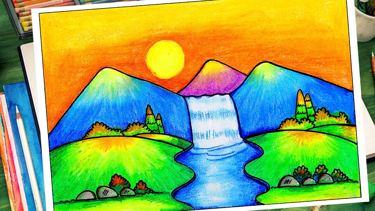 How to Draw Easy Scenery for kids | Waterfall Scenery Drawing ...