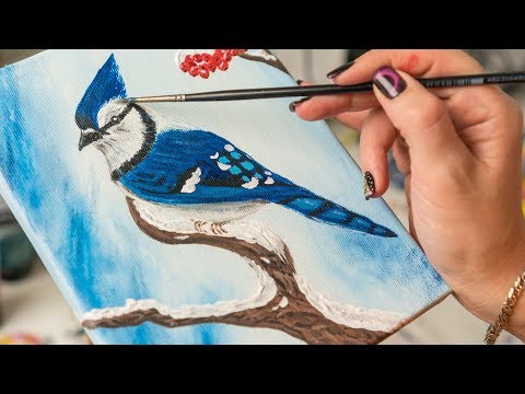 Blue Jay On The Snowy Branch - Acrylic Painting / Homemade Illustration (4k)
