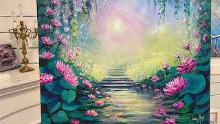 PRETTY PINK FLOWER GARDEN  Step by Step acrylic Painting Tutorial