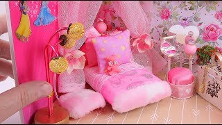 DIY Miniature Girly Dollhouse Room How to make the sweetest princess dollhouse room! A dollhouse room for a girl. DIY miniature bed, bag, and so on. DIY dollhouse ...
