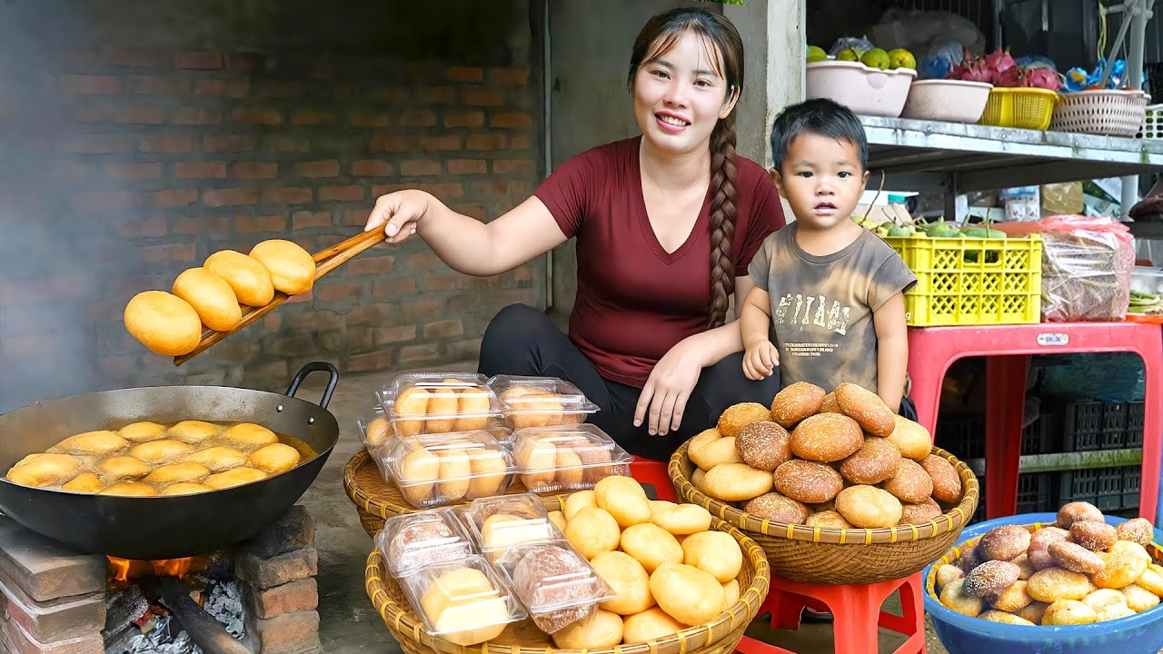 Sweet mung bean donuts making process & sell at market - Picking up my lovely daughter from school