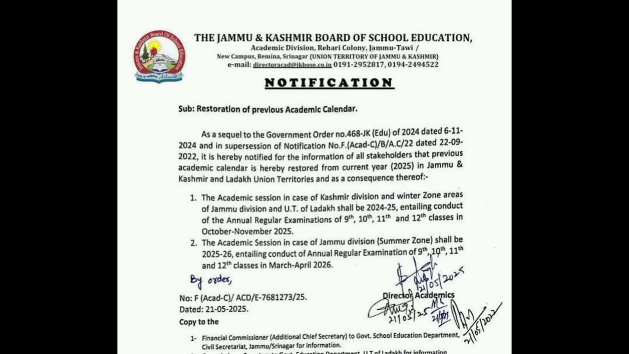 JKBOSE notice regarding Restoration of Academic calendar 