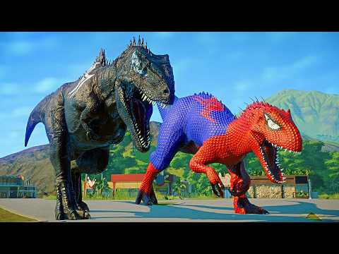 EPIC Superhero Dino Battle! Spider Man I Rex vs Venom Giga in Jurassic World Evolution! 💥