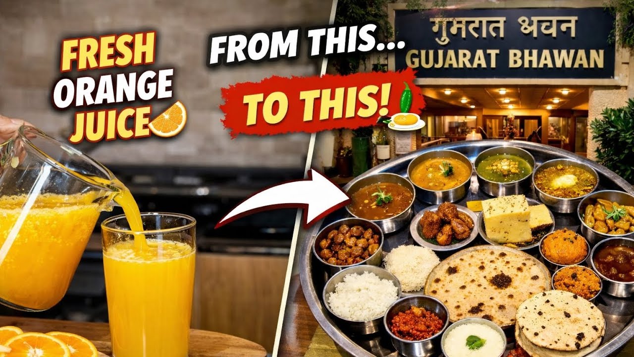 Day 73 vlog || Homemade Orange Juice 🍊 + Authentic Gujarati Thali at Gujarat Bhawan | Pure Veg Food