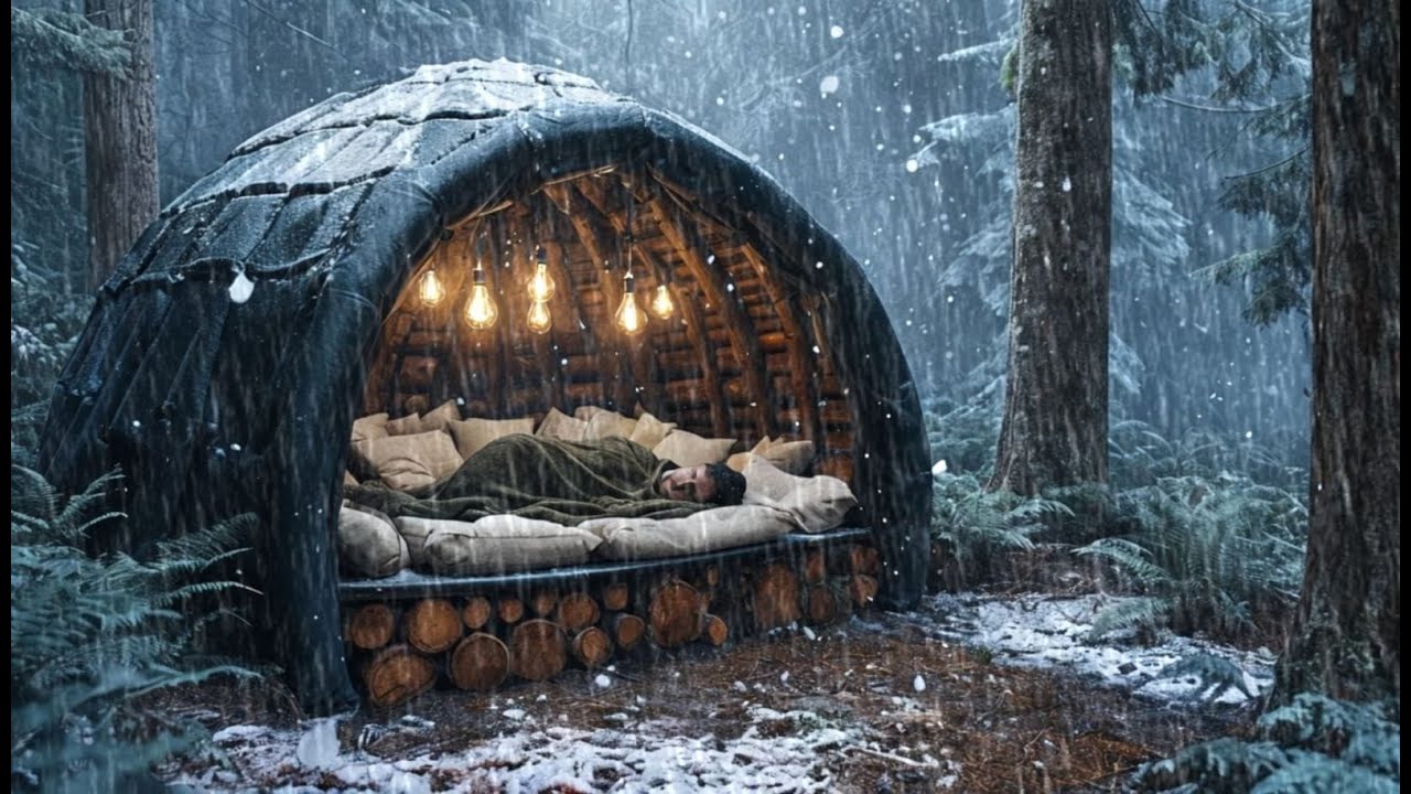 Building a Warm Bushcraft Shelter in the Rain // in the VERY HEAVY RAIN ...