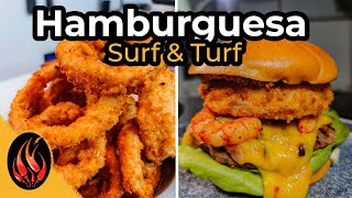 Hamburguesa Mar y Tierra | Res con Camarones Asados y Aros de Cebolla | TOQUE Y SAZON