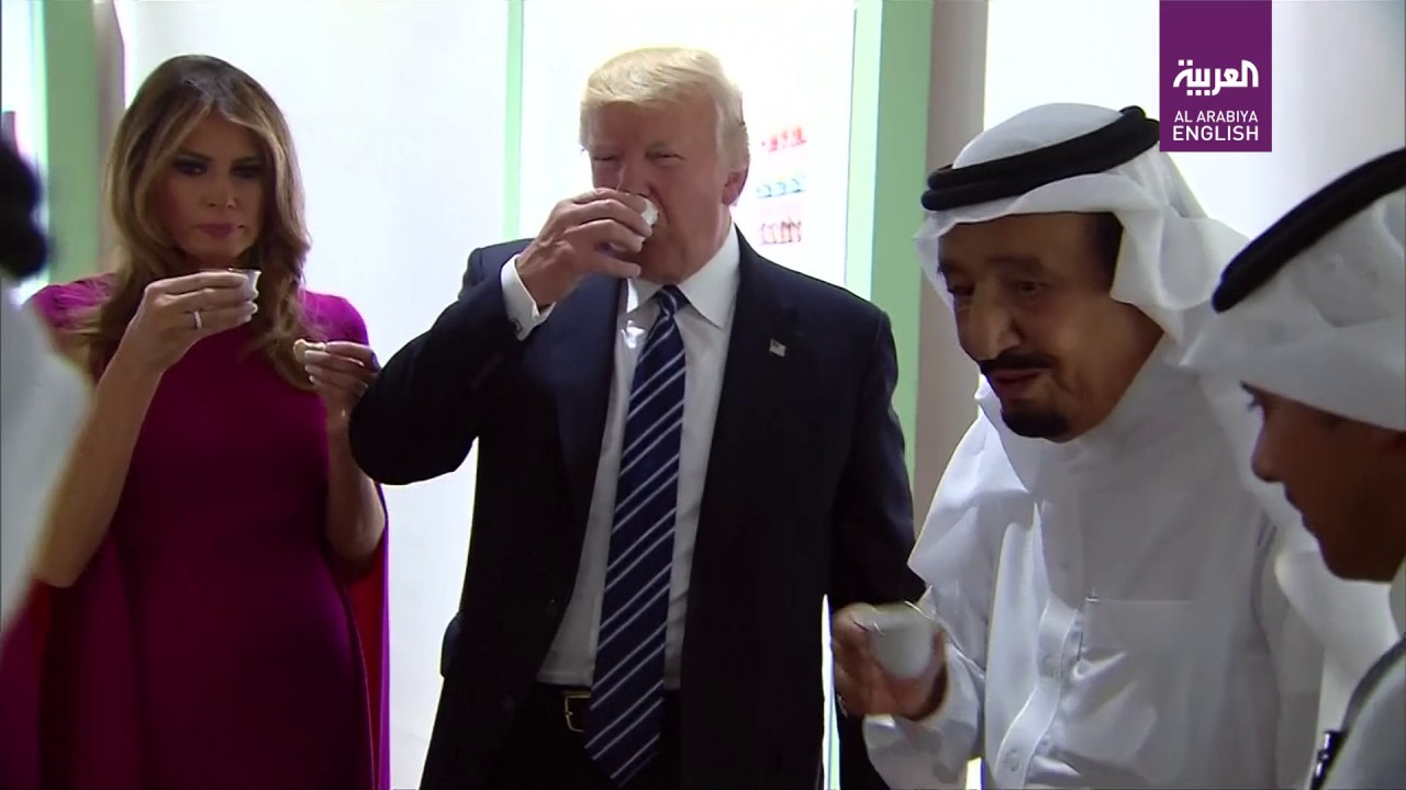 King Salman Trump and Melania sample traditional Saudi dates and coffee