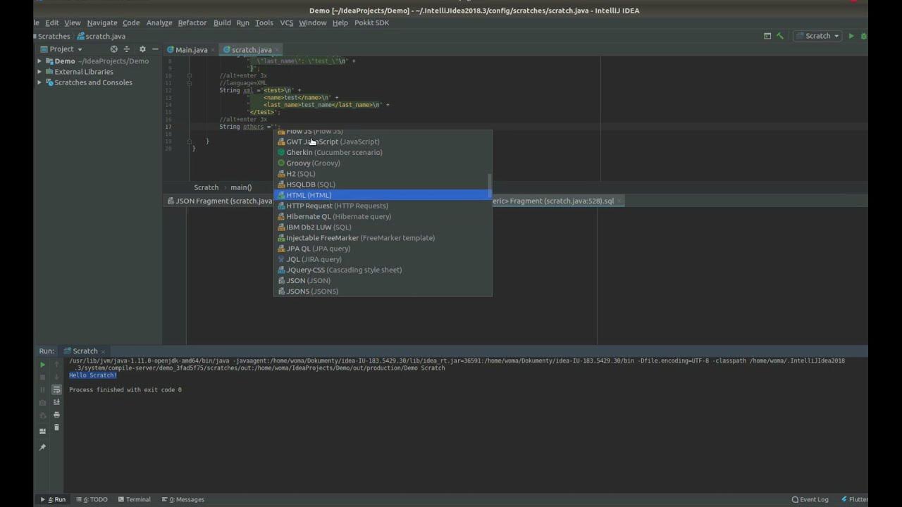 Intellij shortcuts add temporary scratch file and language inject