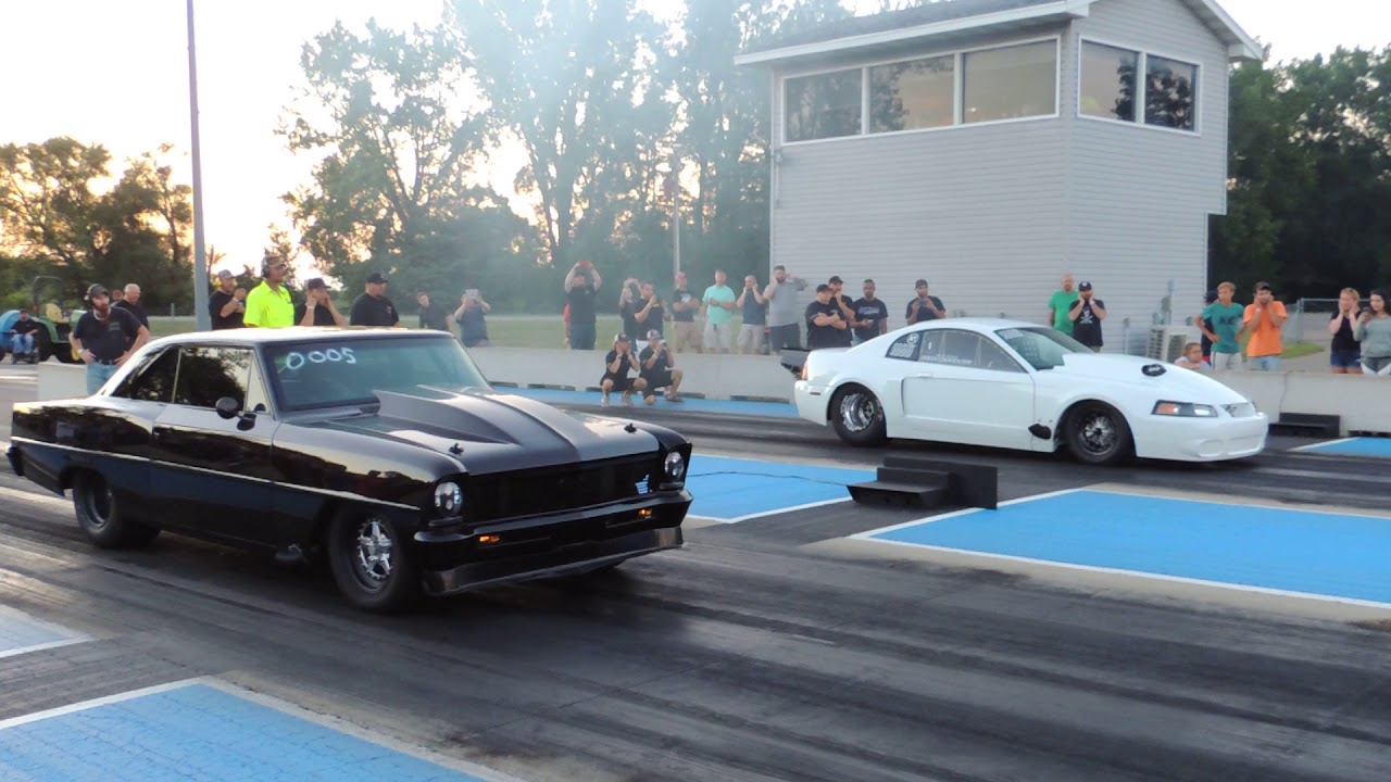 Chevy 2 vs pro mod stang - YouTube