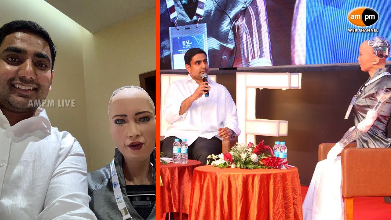 AP IT Minister Nara Lokesh Interacts With Robot Sophia || Fintech Festival || Visakhapatnam - YouTube