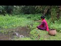 Fishing  the girl is fishing with a hook in the beautiful environment of beautiful nature