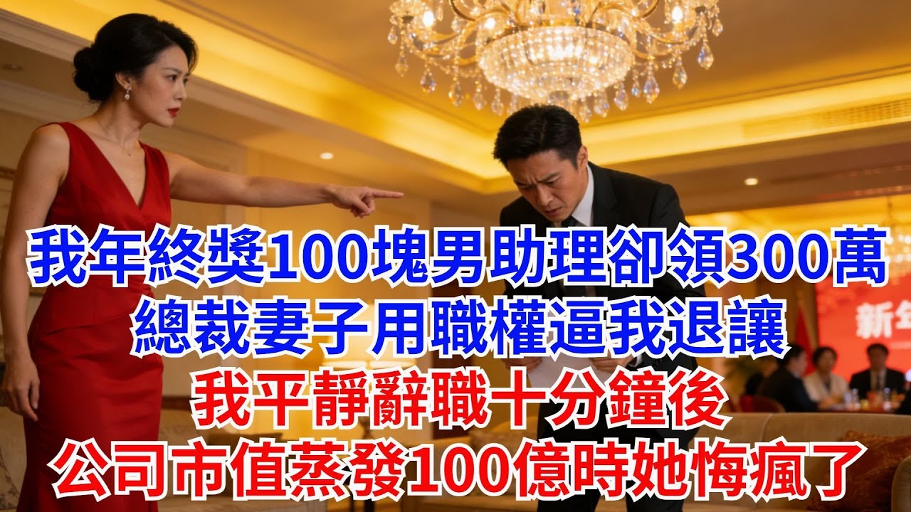 我年終獎只有100塊男助理卻領到300萬，總裁妻子用職權逼我退讓，我平靜辭職，十分鐘後公司市值蒸發100億時她悔瘋了#故事#男頻小説#職場#爽文