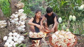 Find meet mushroom and egg for food - Cooking duck egg with mushroom &amp; Eating delicious in jungle