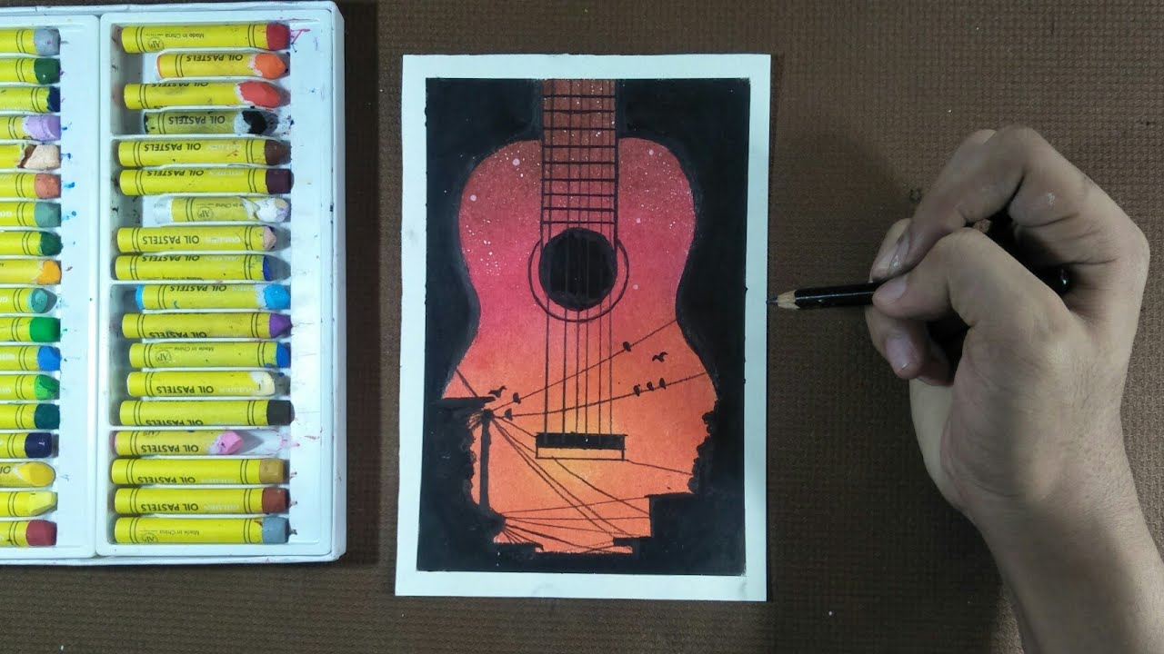 Easy Oil Pastel Drawing Guitar with Beautiful Sunset Scenery Step