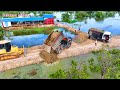 Dump Truck unloading, Filling up land, Bulldozer KOMATSU DR51PX Push Soil &amp; Stone Into Water