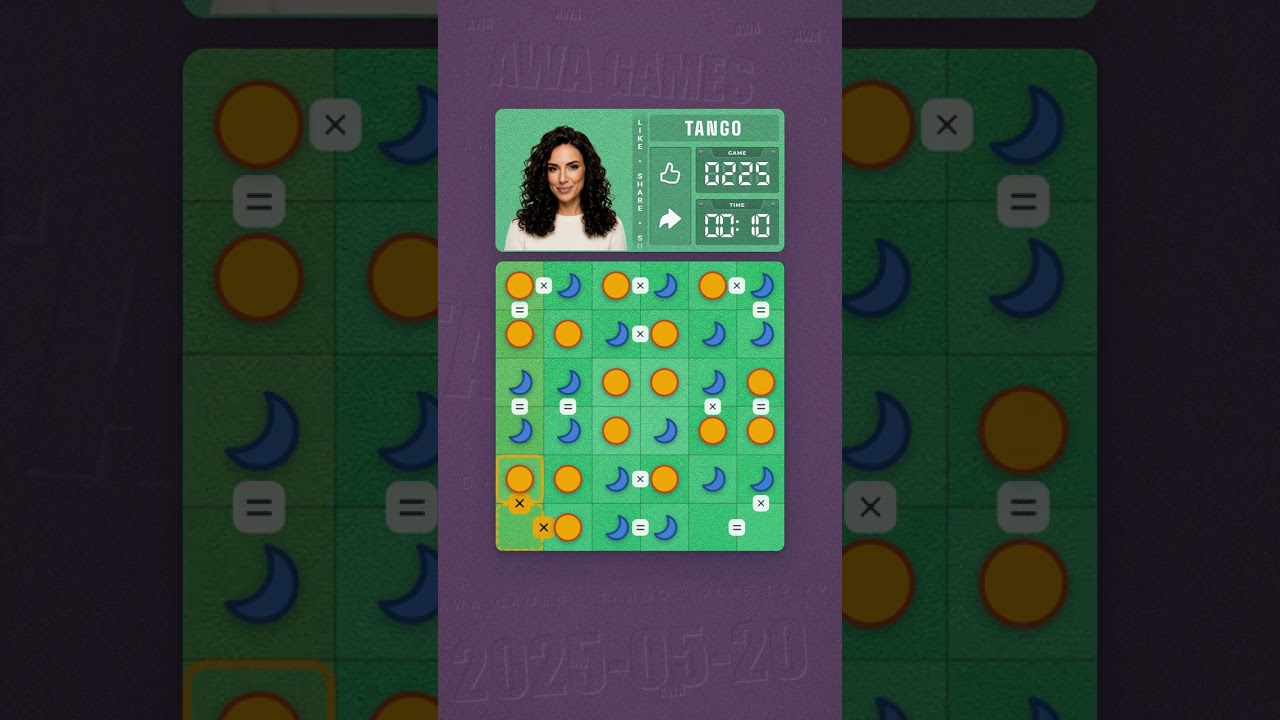 LinkedIn Tango #225 solved board for May 20, 2025, 6x6 grid