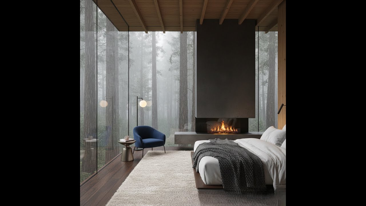 I could stay here forever. Rainy morning in a glass forest cabin