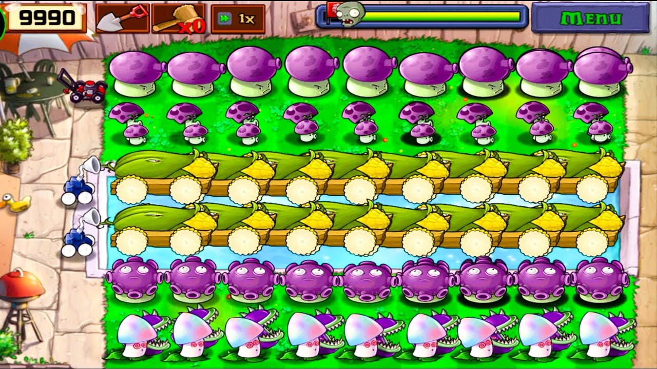 Plants Vs zombies Survival Pool Cob Cannon+Fume+Gloom+Scaredy+Hypno Shroom Vs Zombies