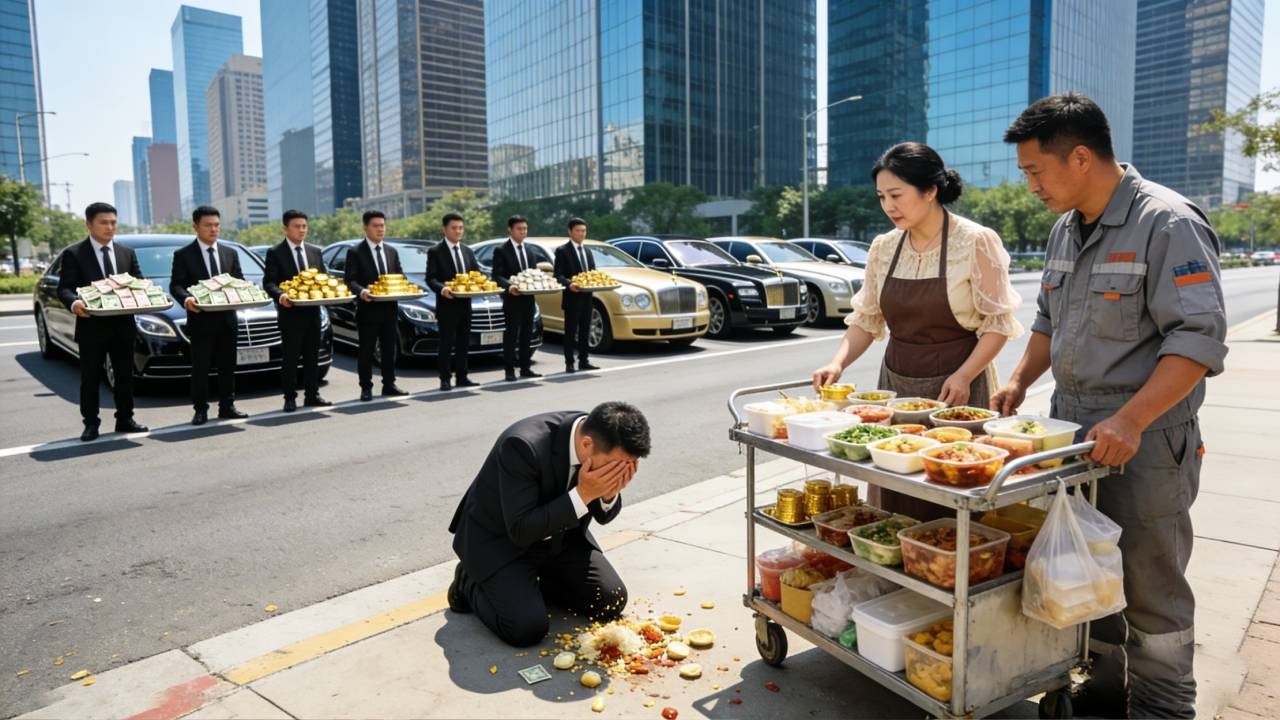 50歲擺攤大姊和搬磚工閃婚後，一起擺攤賣盒飯，遭到前夫打罵羞辱，下一秒十輛豪車停在路邊，一聲董事長，把前夫嚇傻了