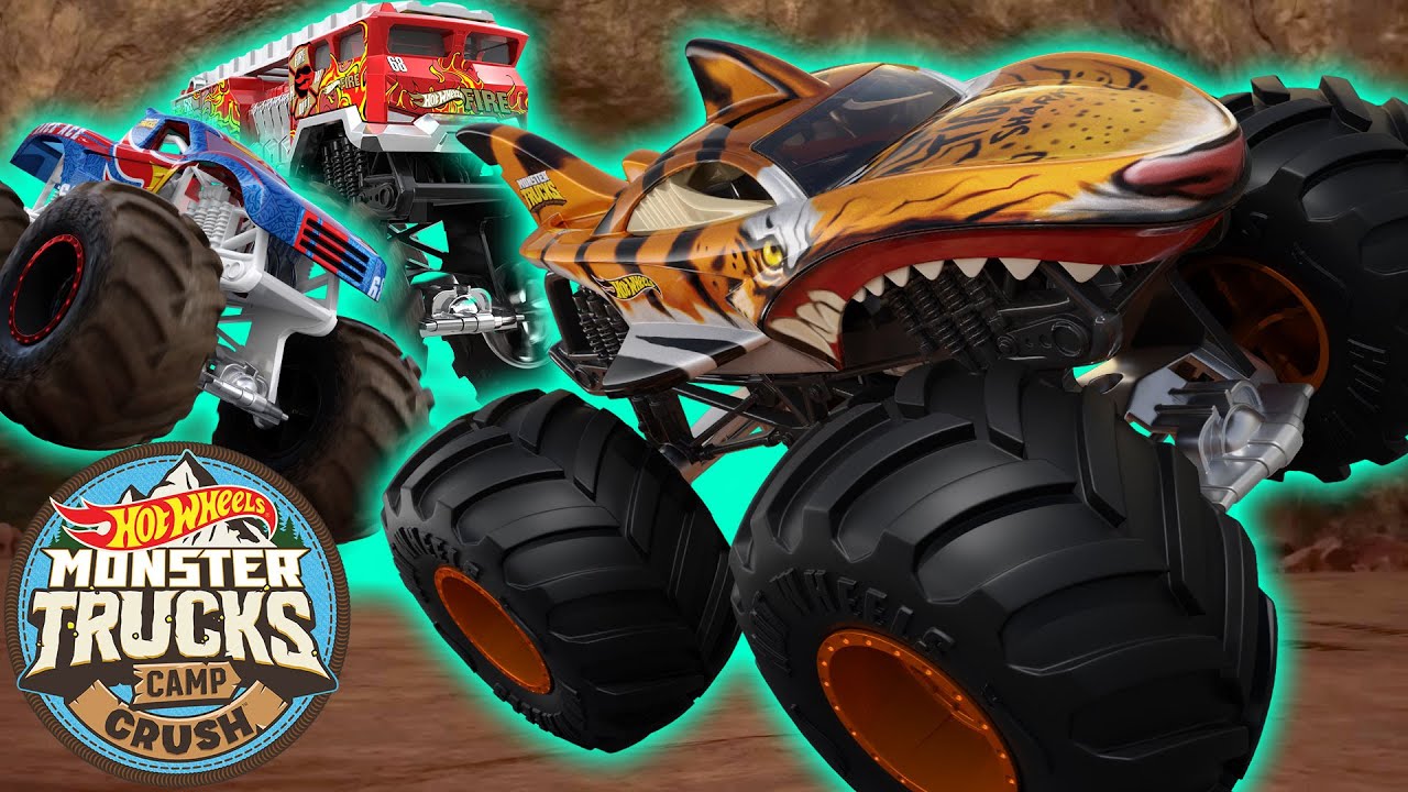 Hot Wheels Monster Trucks Work Together to Save Tiger Shark! 😨 - Videos  for Kids