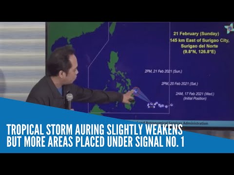 Tropical Storm Auring slightly weakens but more areas placed under Signal No. 1