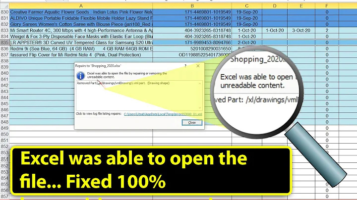 Excel was able to open the file by repairing or removing the unreadable content image comment Fixed