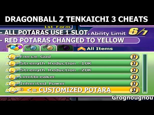 Tenkaichi 3 Cheats: All potaras use 1 slot & Red potaras changed