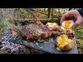 Garlic BUTTER Tomahawk STEAK & Liquid Gold Ash Potatoes | ASMR Forest Cooking