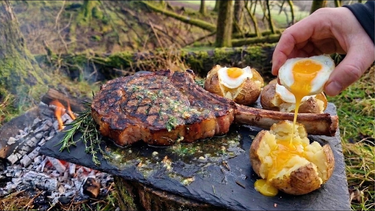 Garlic BUTTER Tomahawk STEAK & Liquid Gold Ash Potatoes | ASMR Forest Cooking