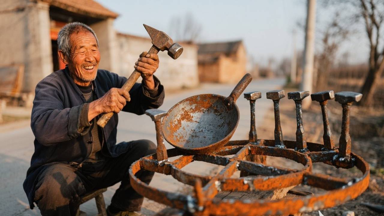 農村手藝人阿伯，用破舊舀子頭改個巨型鍋架，竟然只收費2元#农村#大集#手工#美食