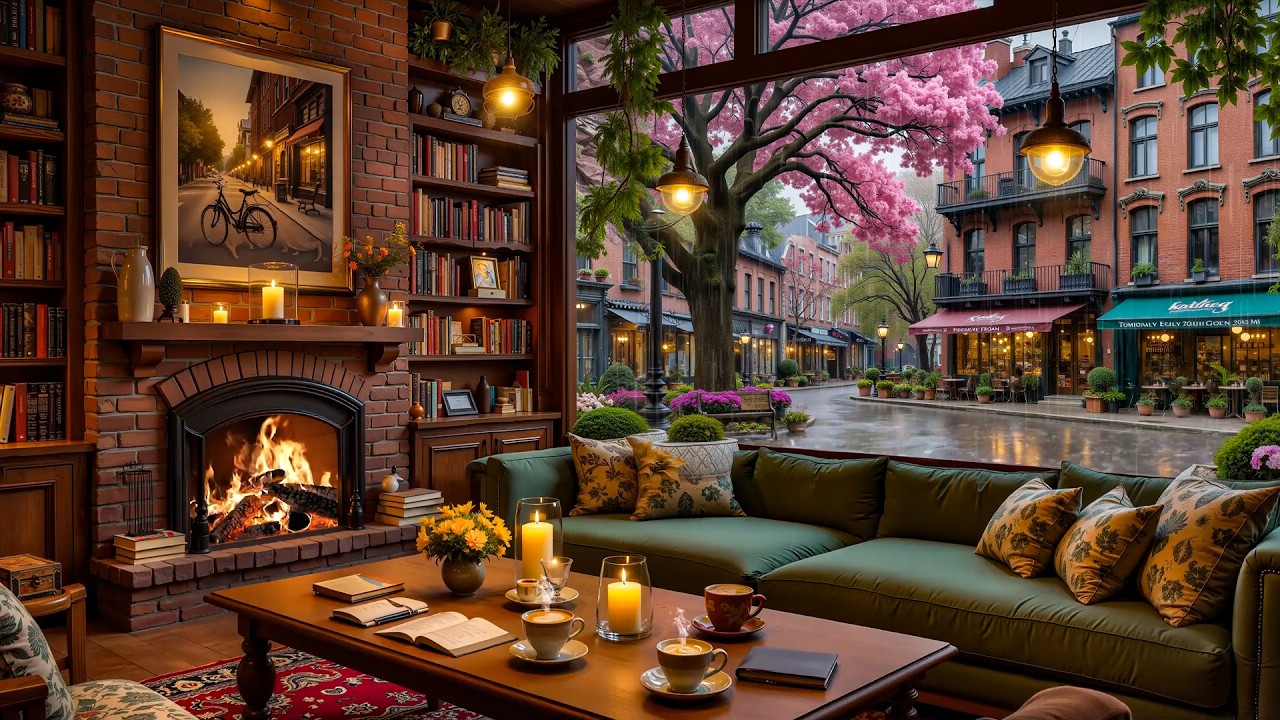 Peaceful Rainy Night Café 🎷Cozy Jazz Piano with Rain & Fireplace Ambience for Relaxing, Study, Sleep
