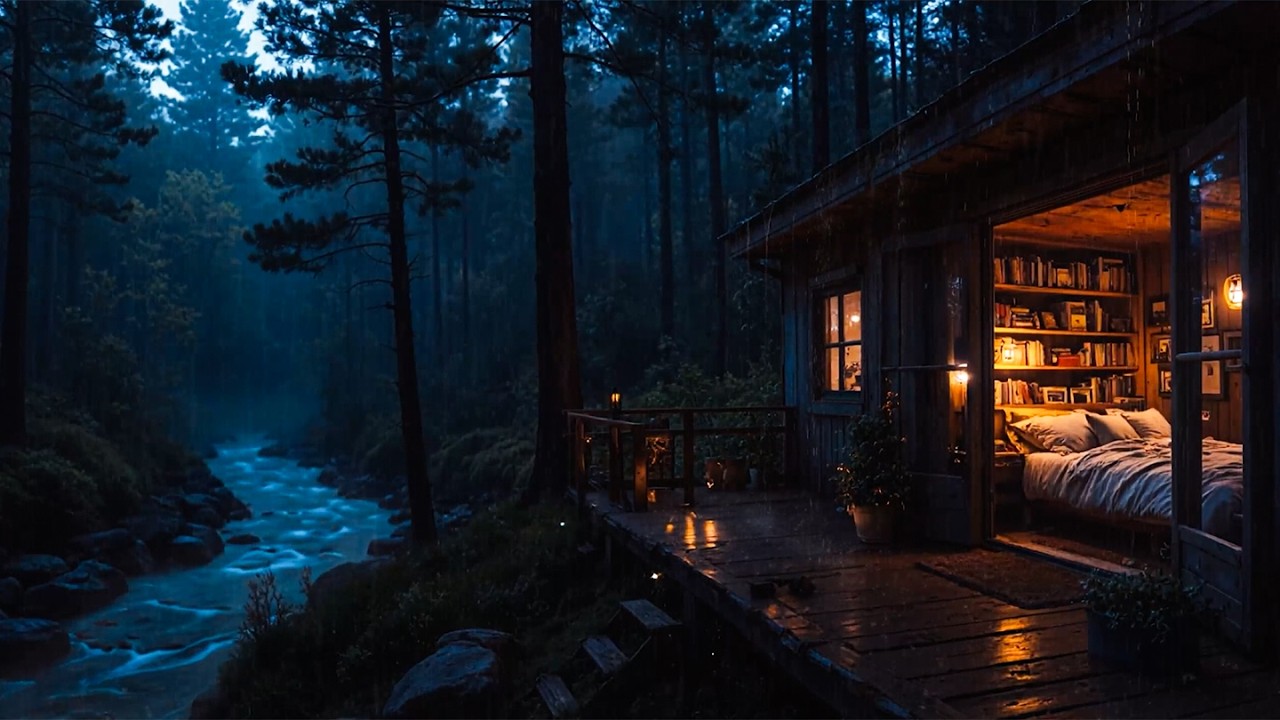 Healing Rain & Stream by a Cozy Forest Cabin (24/7) | Insomnia Relief Ambience (4K No Ads) 🌧️🏡💧