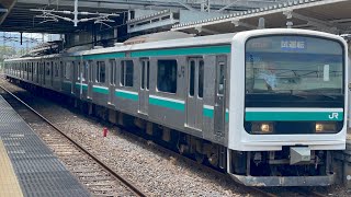 【水戸統括センター現車訓練に伴う試運転（復路）】E501系ｶﾂK753編成（行先方向幕車）が試運転電車として試運転幕で警笛を鳴らして友部駅4番線を発車するシーン（試9721M）2025.7.13