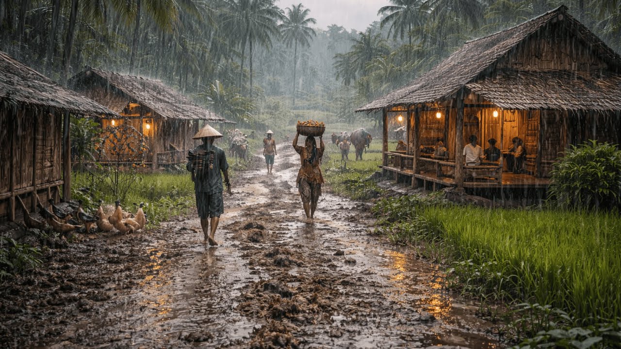 Walking in Heavy Tropical Rain - Relaxing Village Ambience