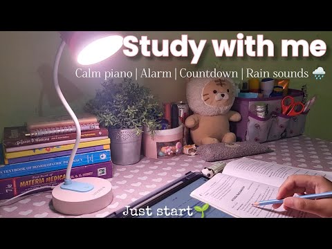 One hour - Study With Me 📚 | Soft piano music 🎹 | Rain Sounds  🌧 | Alarm | Countdown