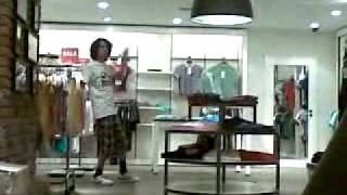 crazy man dancing in the shop