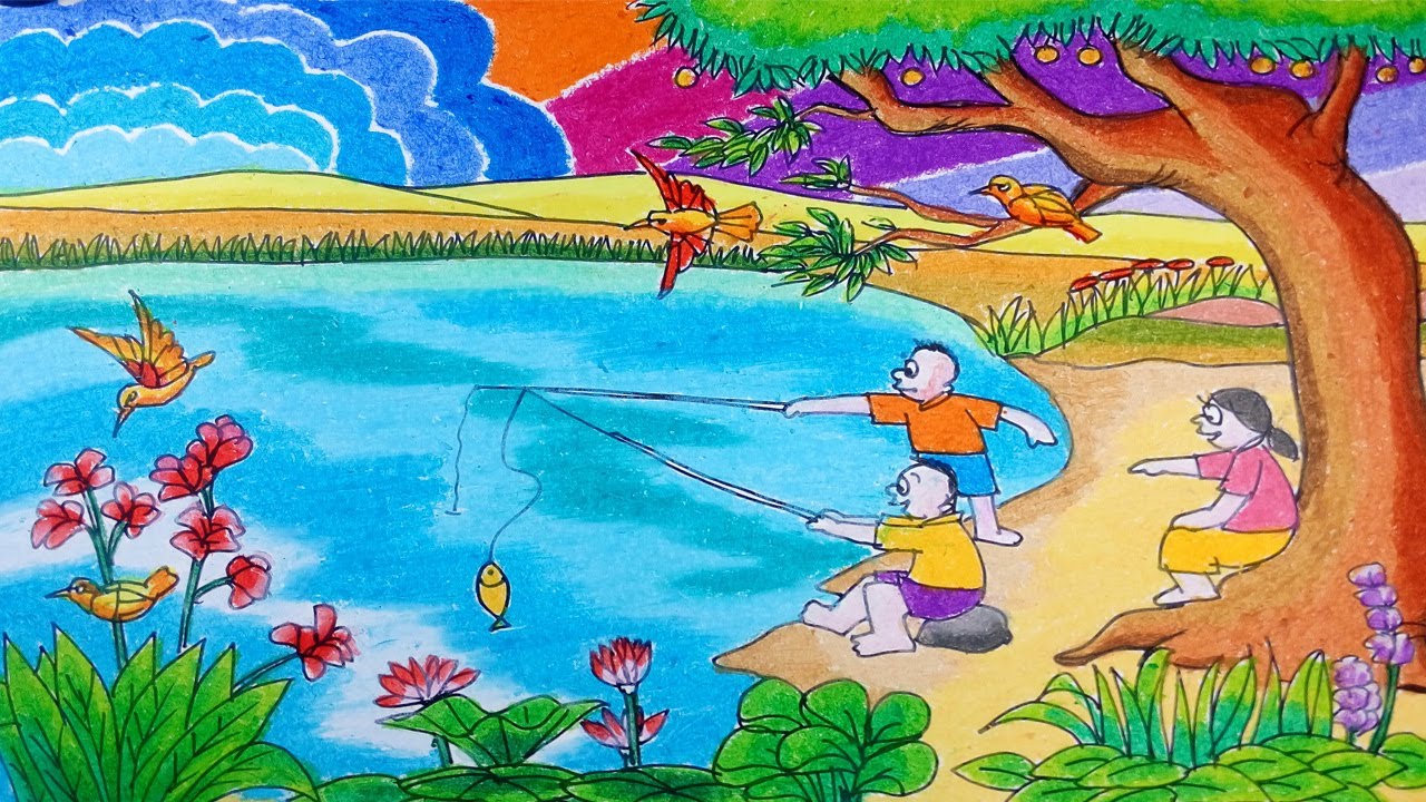 Cara Menggambar Anak Anak Sedang Memancing Di Danau Dan