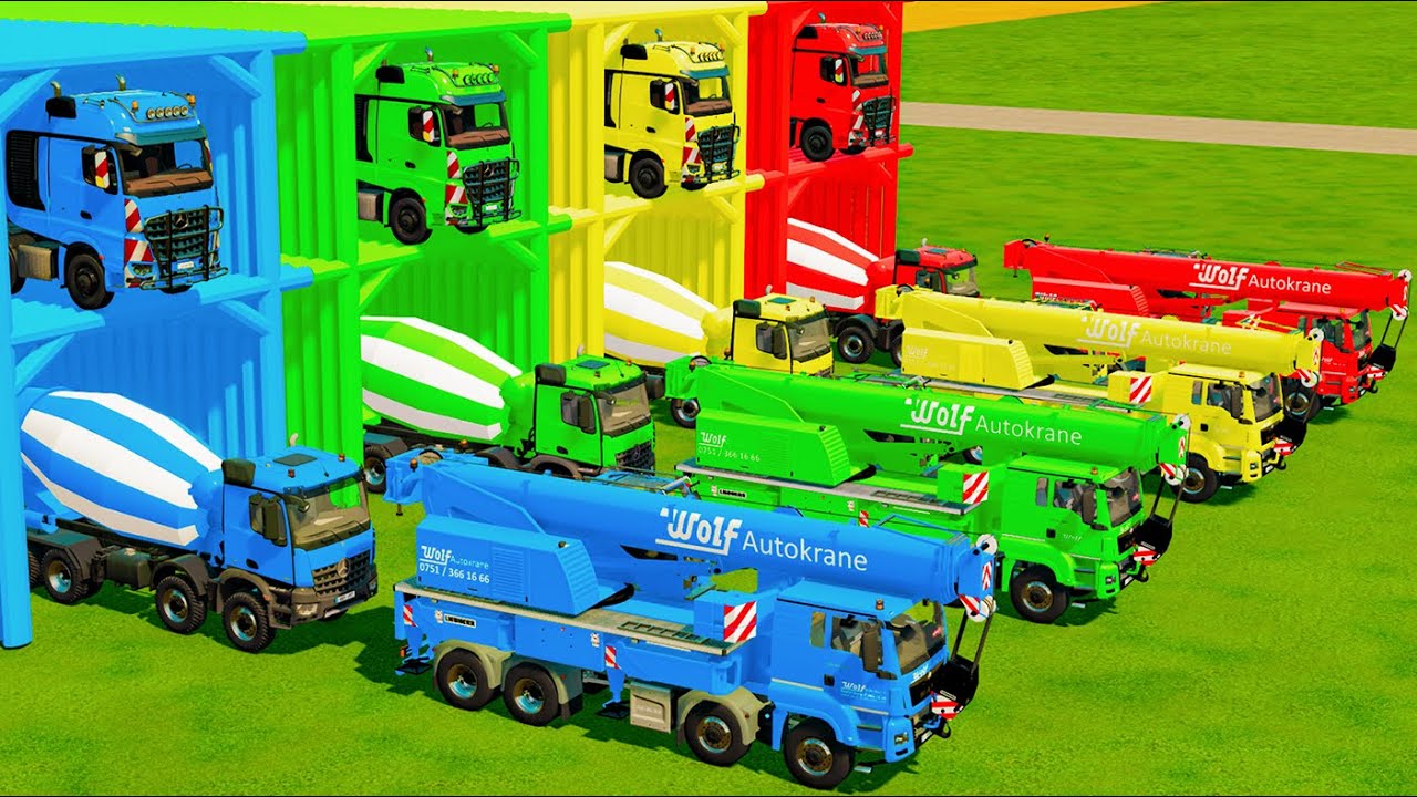 TRANSPORTING ALL COLORFUL MAN CRANE TRUCK, MIXER TRUCK TO GARAGE WITH FLATEBD TRIALER TRUCK