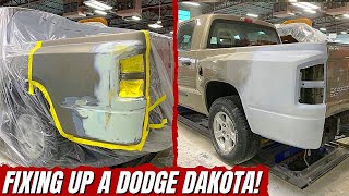 This #dodgedakota had some serious damage on the bedside! #dentrepair #bondo #autobody #dodgetrucks