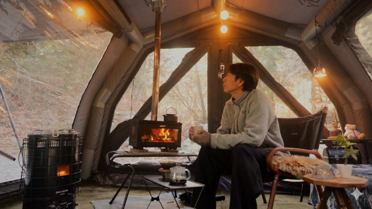 Solo Camping in a Two-Room Air Tent with a Wood-Burning Stove