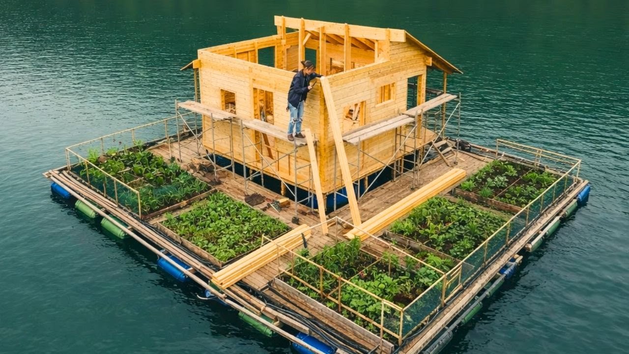 A Young Woman Builds a Wooden House Alone in the Middle of a Pond and Renovates a Vegetable Garden