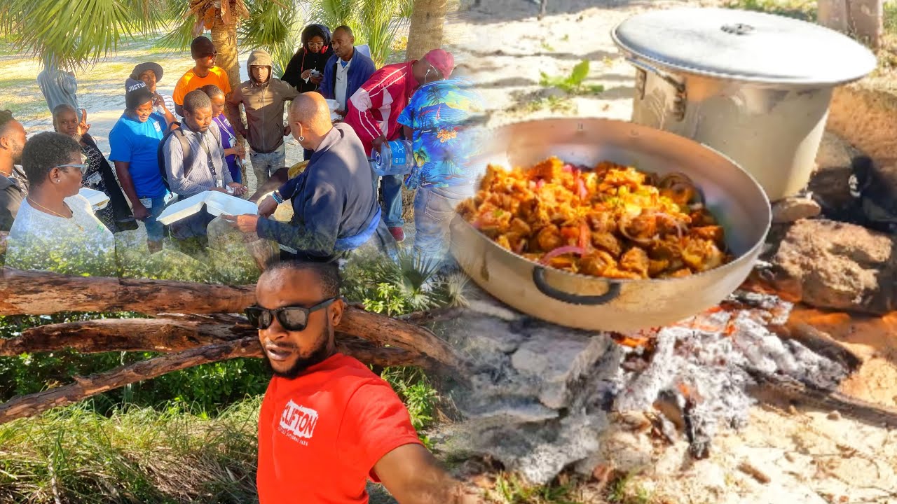 COOKING FOR 25 PEOPLE AT THE BEACH IN BAHAMAS OUTDOOR COOKING JAMAICAN STYLE!!
