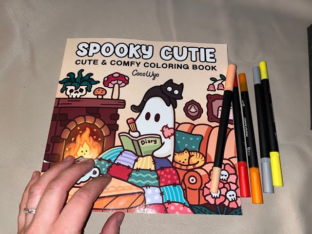 ASMR Color a Spooky Cutie book with me! Random small talk whispering with marker sounds