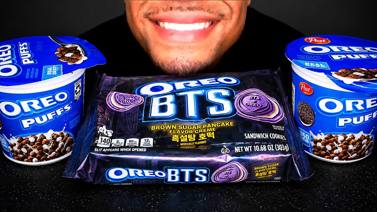 ASMR OREO PUFFS CEREAL & BTS COOKIES WITH MILK EATING SOUNDS MUKBANG