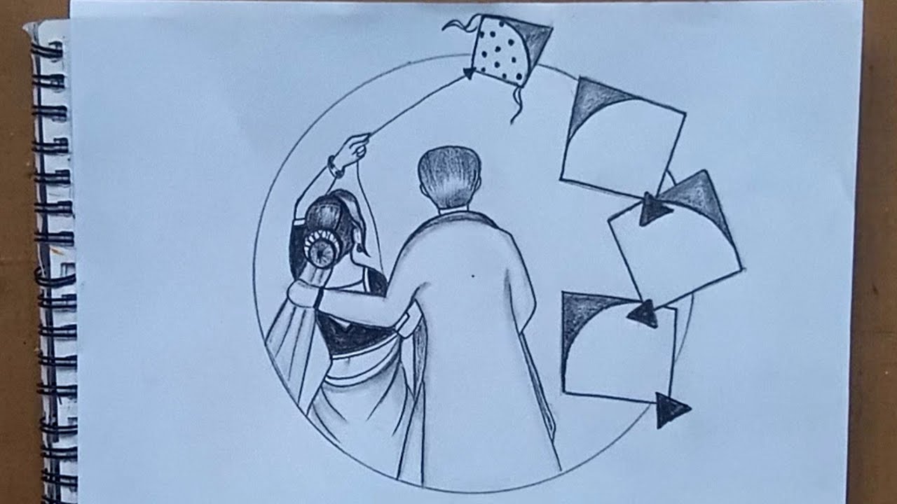 How to draw Traditional Couple Celebrate Makara Sankranti |Makara Sankranti drawing |Kite Flying Art
