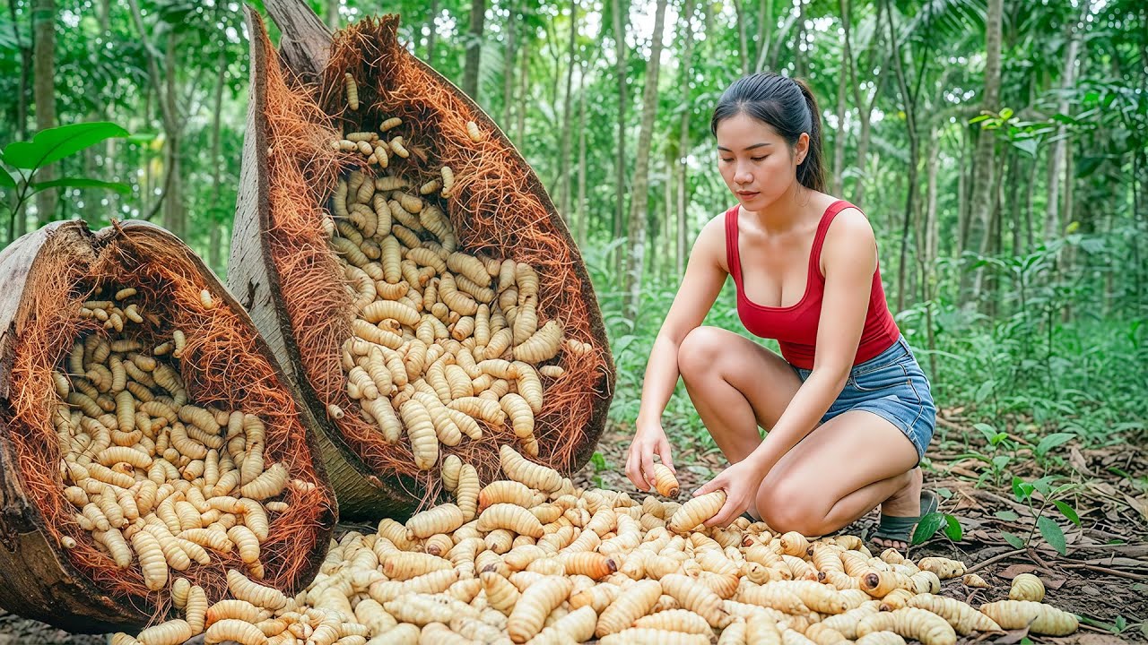 TIMELAPSE - Harvesting Milions of Coconut Weevil from  Rotten Wild Coconut Tree, Go To Market Sell