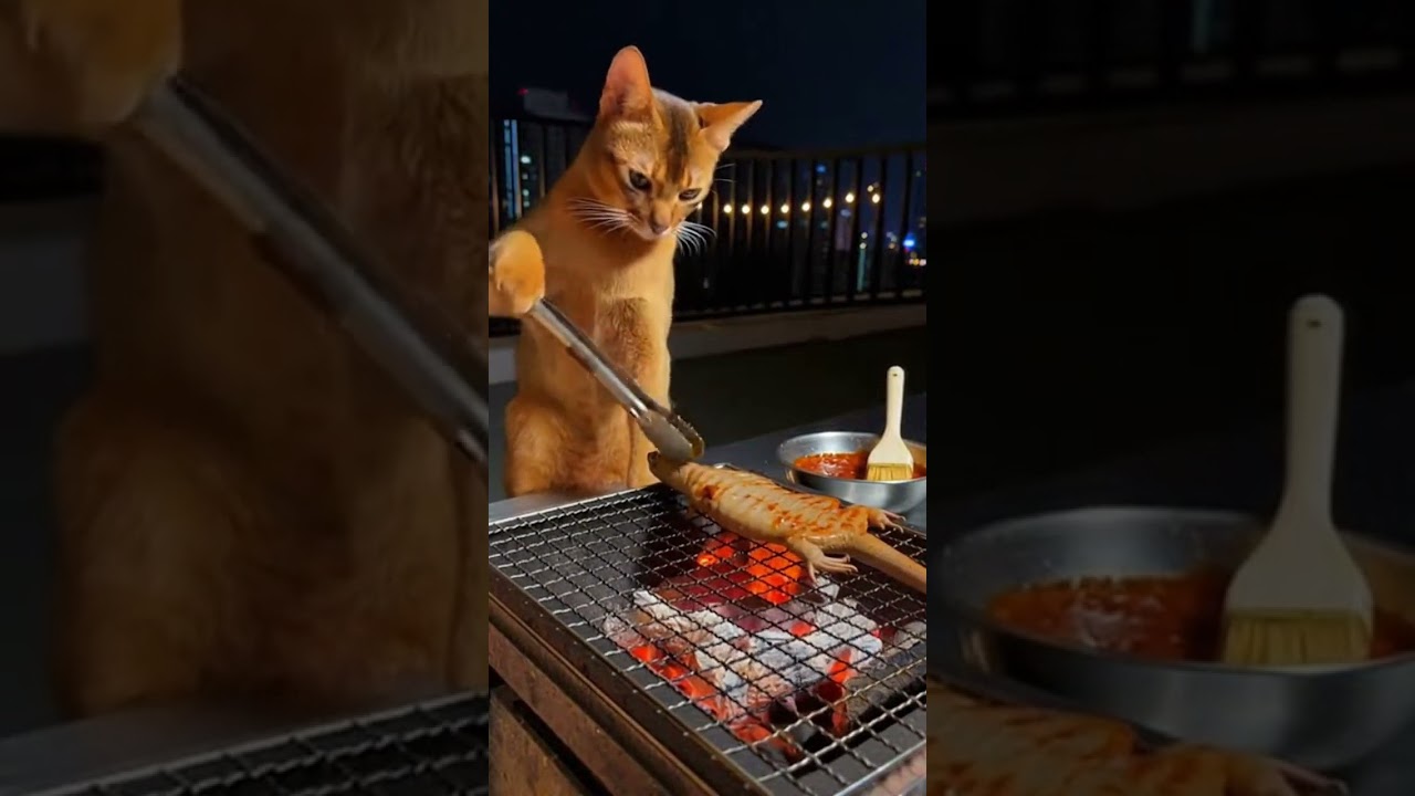 An Abyssinian Cat is Cooking Lizard Satay Skewers