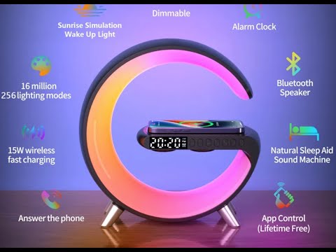 Нічник LED лампа RGB L с беспроводной зарядкой 15W/Bluetooth колонка Black, видео 1