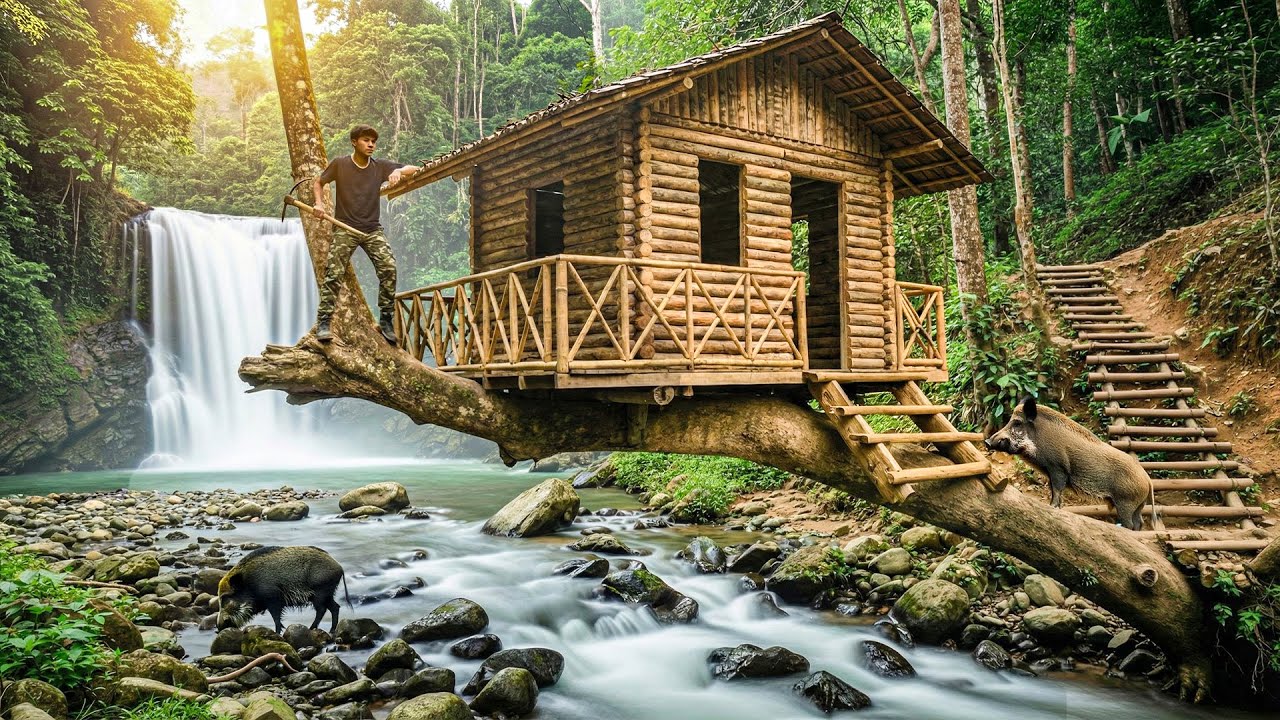 Building a Secret Wooden House with Bamboo on Ancient Tree to Avoid Wild Animals | Bushcraft Builds